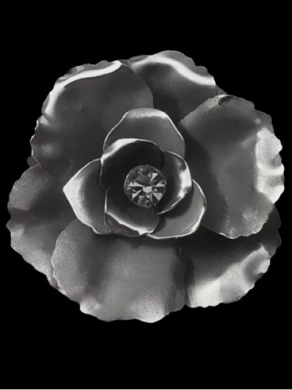 Vintage Flower Rose Brooch Pin Gray Enamel & Shiny Silver Rhinestone Center MCM